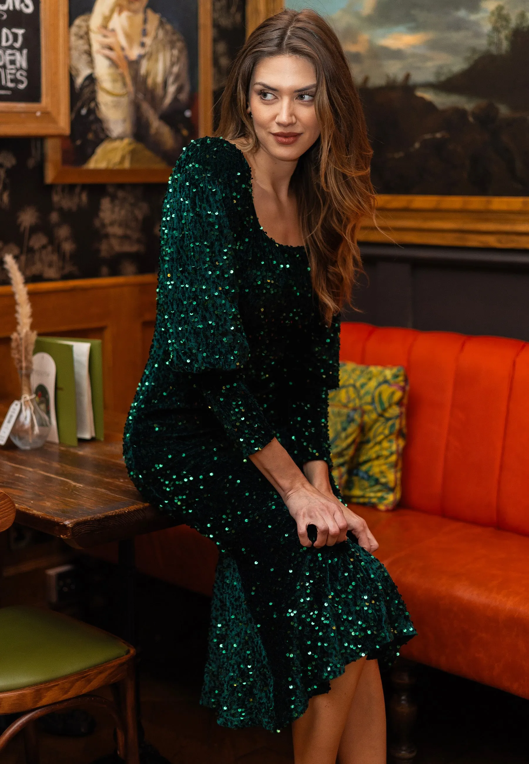 Sequin Velvet Bodycon Long Sleeve Evening Dress In Green