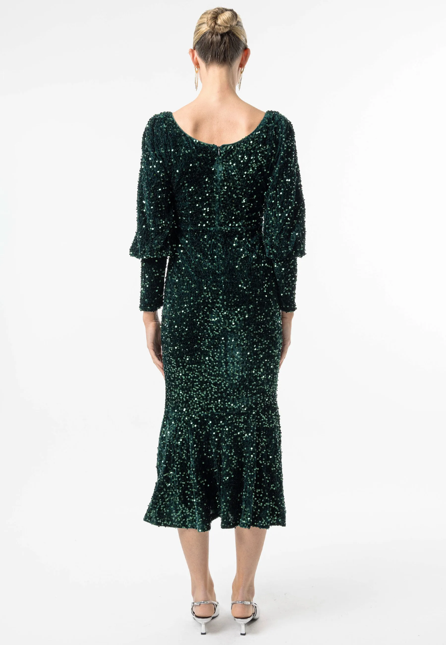 Sequin Velvet Bodycon Long Sleeve Evening Dress In Green