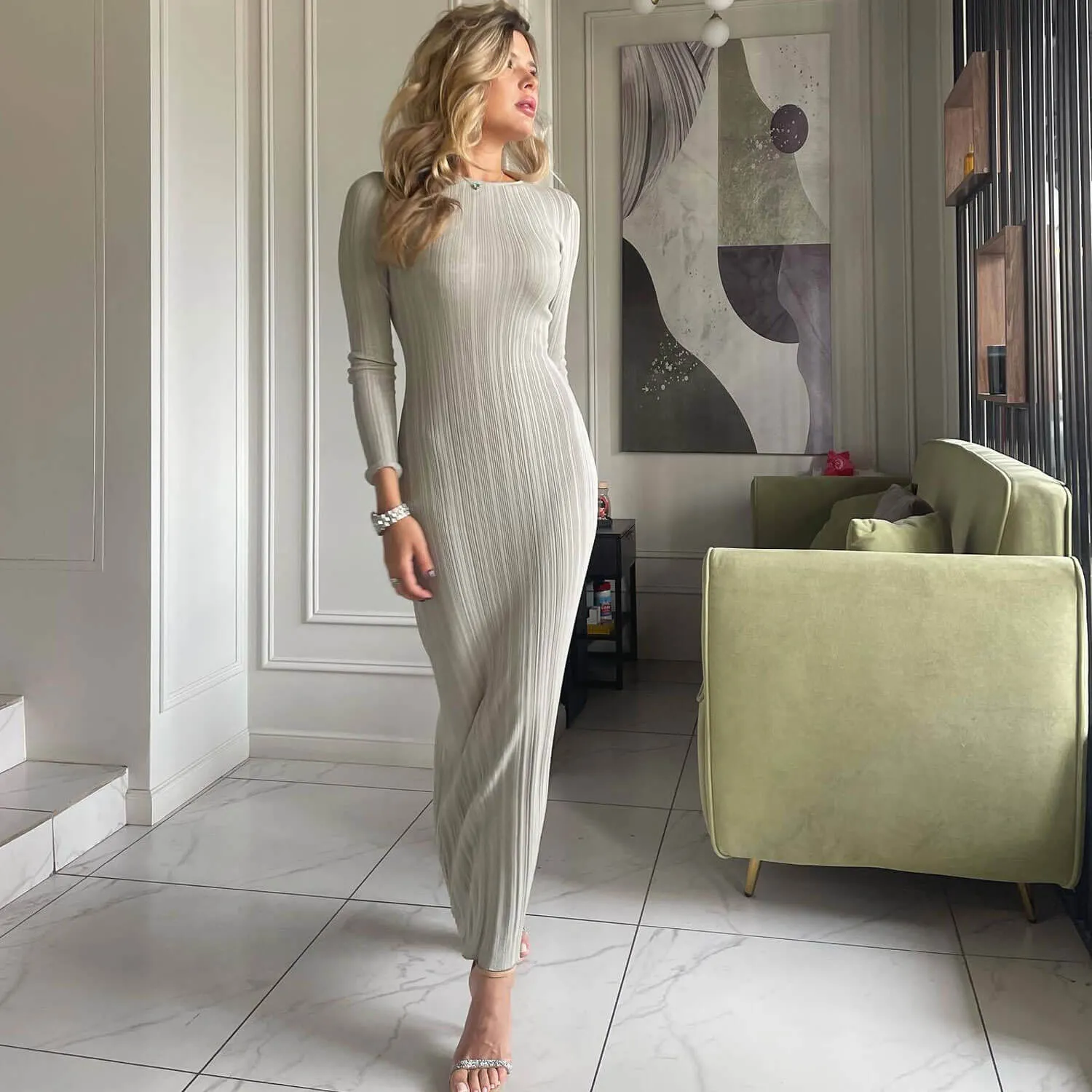 Sexy Crew Neck Long Sleeve Ribbed Knit Bodycon Sweater Maxi Dress