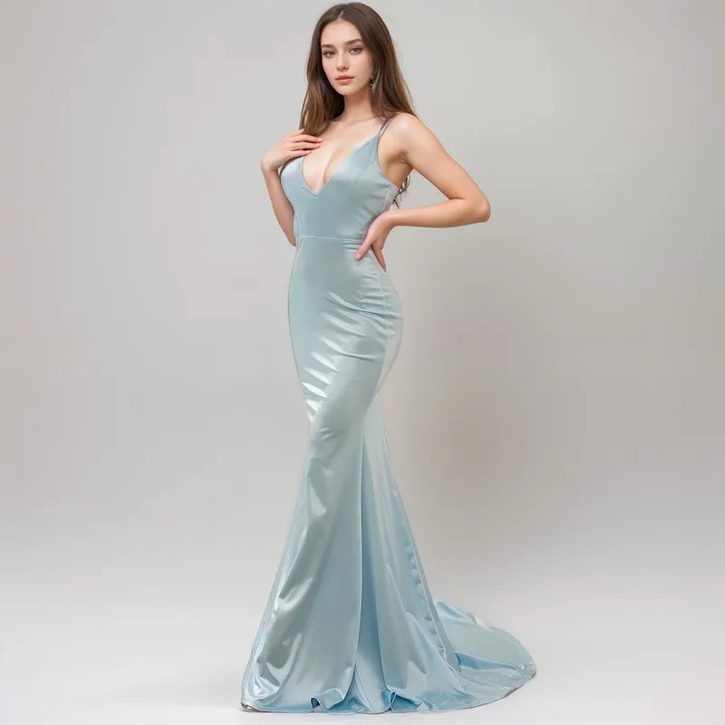 Sexy Deep V neck tie back mermaid silky satin prom dress