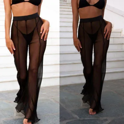 Sexy panel sheer ruffle flare bell bikini coverup pants