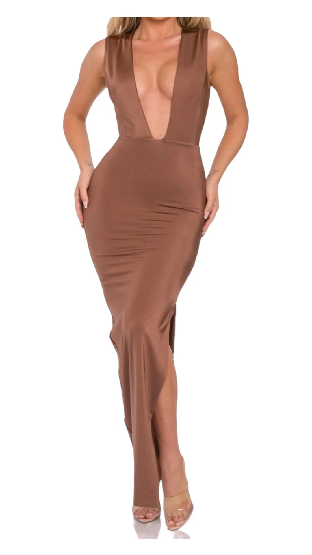 Sexy Plunge Neckline Low Cut V Side Slit Tight Long Party Dress Evening Elegant New Women's Fashion Body-con MIDI and Maci Dress KESLEY