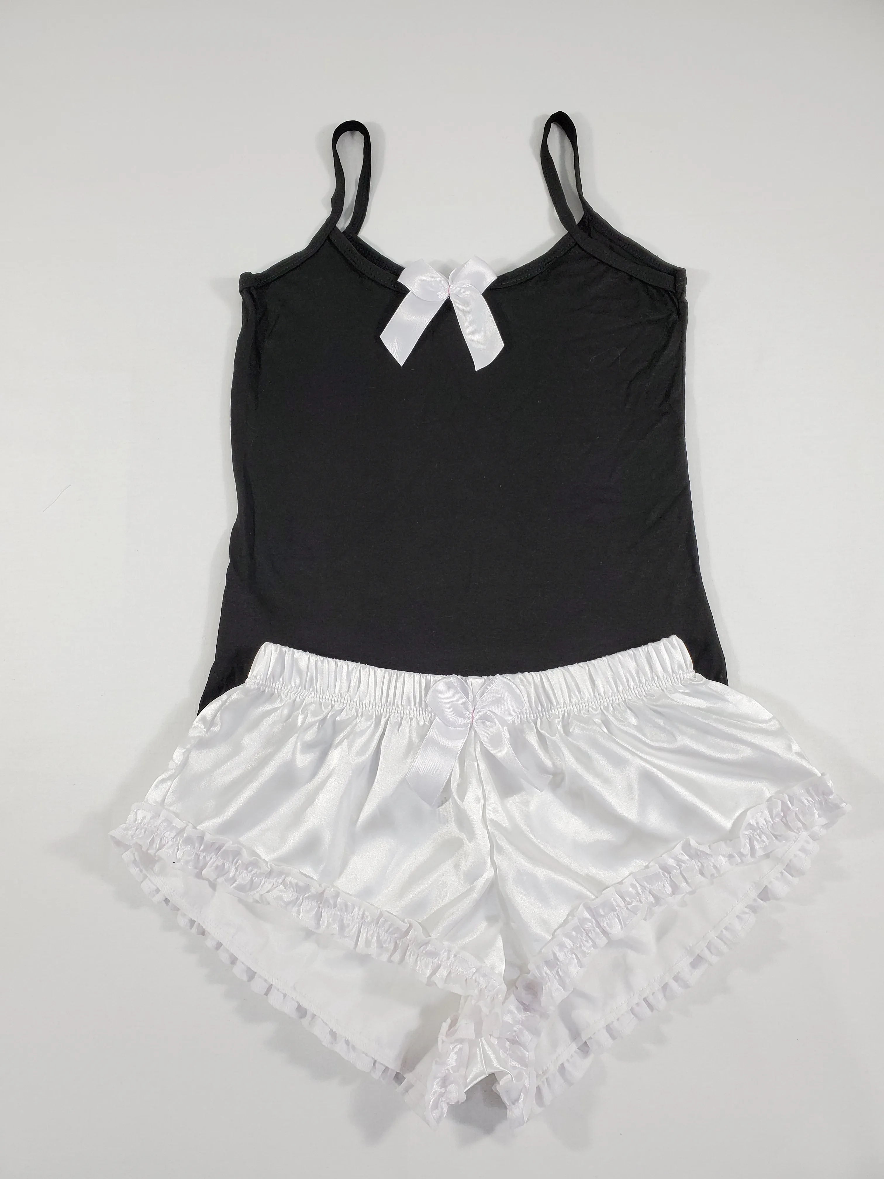 Sexy Women's pajama white satin shorts black blouse