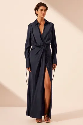 Shae Draped Shirt Maxi Dress in Aegean Blue