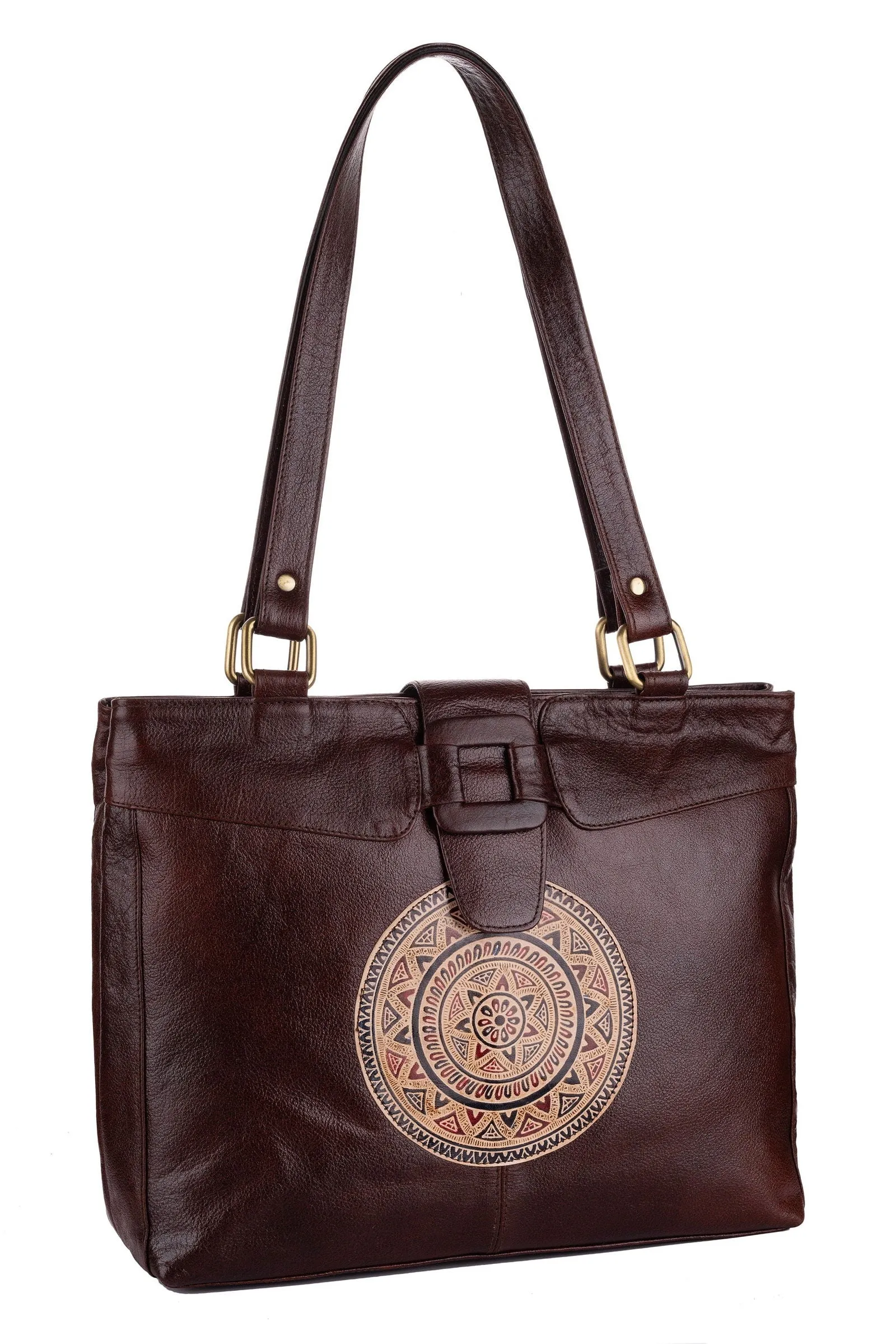 Shantiniketan Leather Handbag with Traditional Motif, 4 Spacious Compartments, Brown, 14x14 Inches