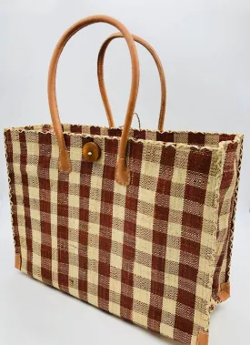 Shebobo - Zafran Gingham Large Straw Beach Bag with Plastic Liner