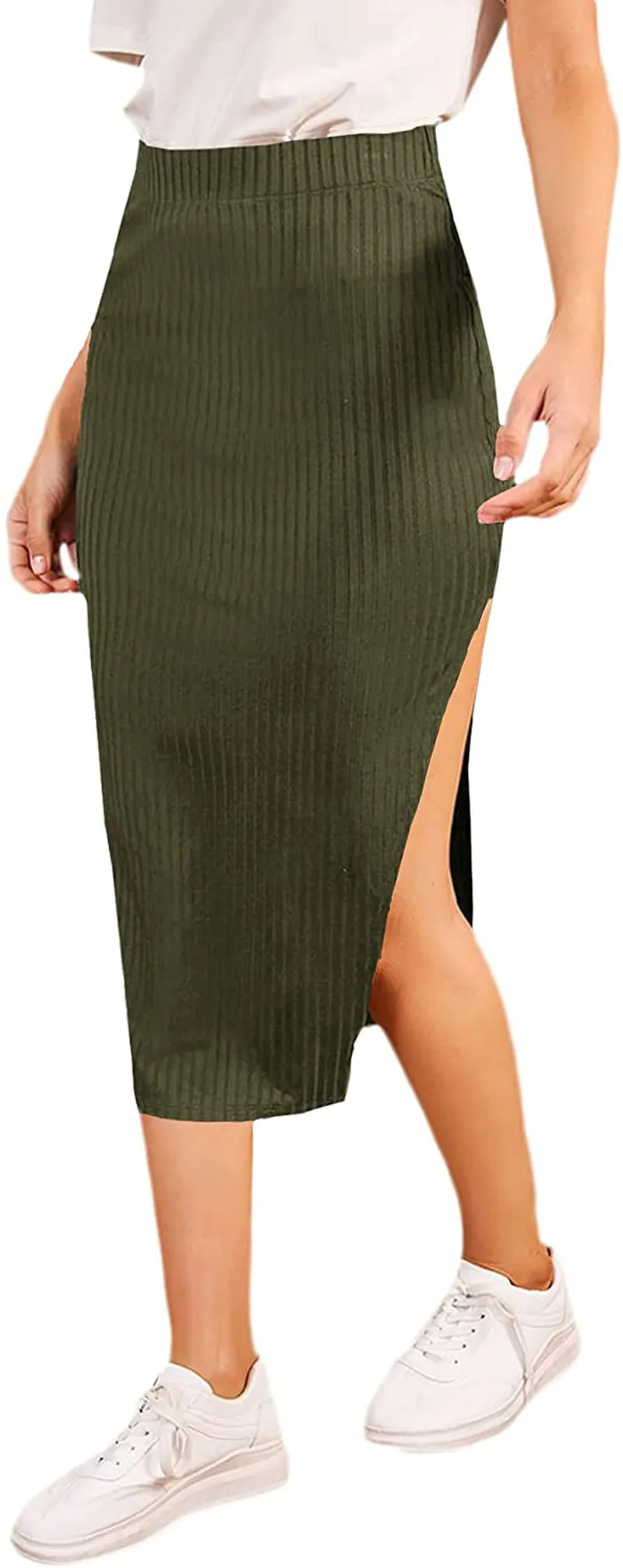 SheIn Women's Slit Midi Skirt Split Bodycon Pencil Ribbed Knit Midi Skirts