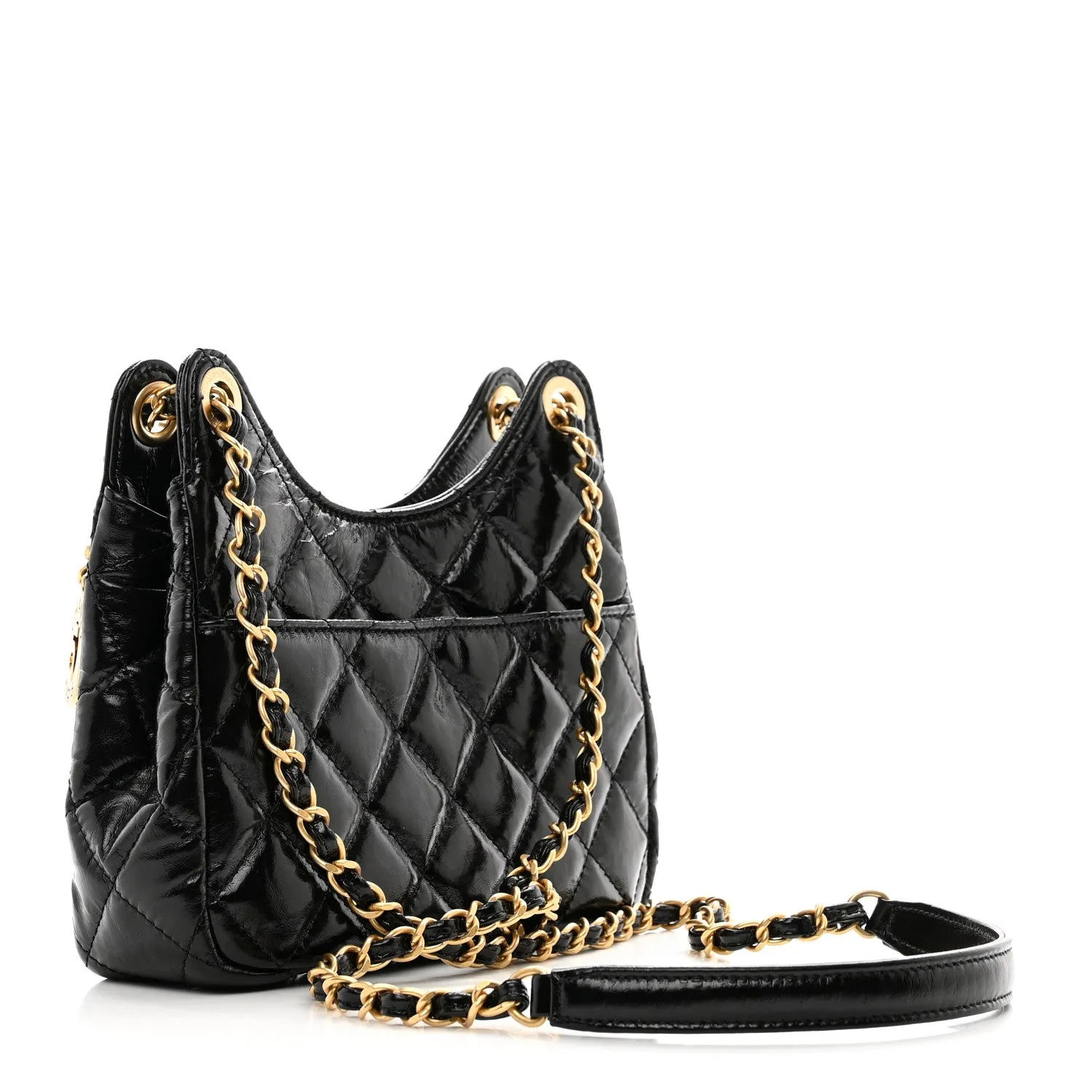 Shiny Crumpled Calfskin Quilted Small Wavy CC Hobo Black