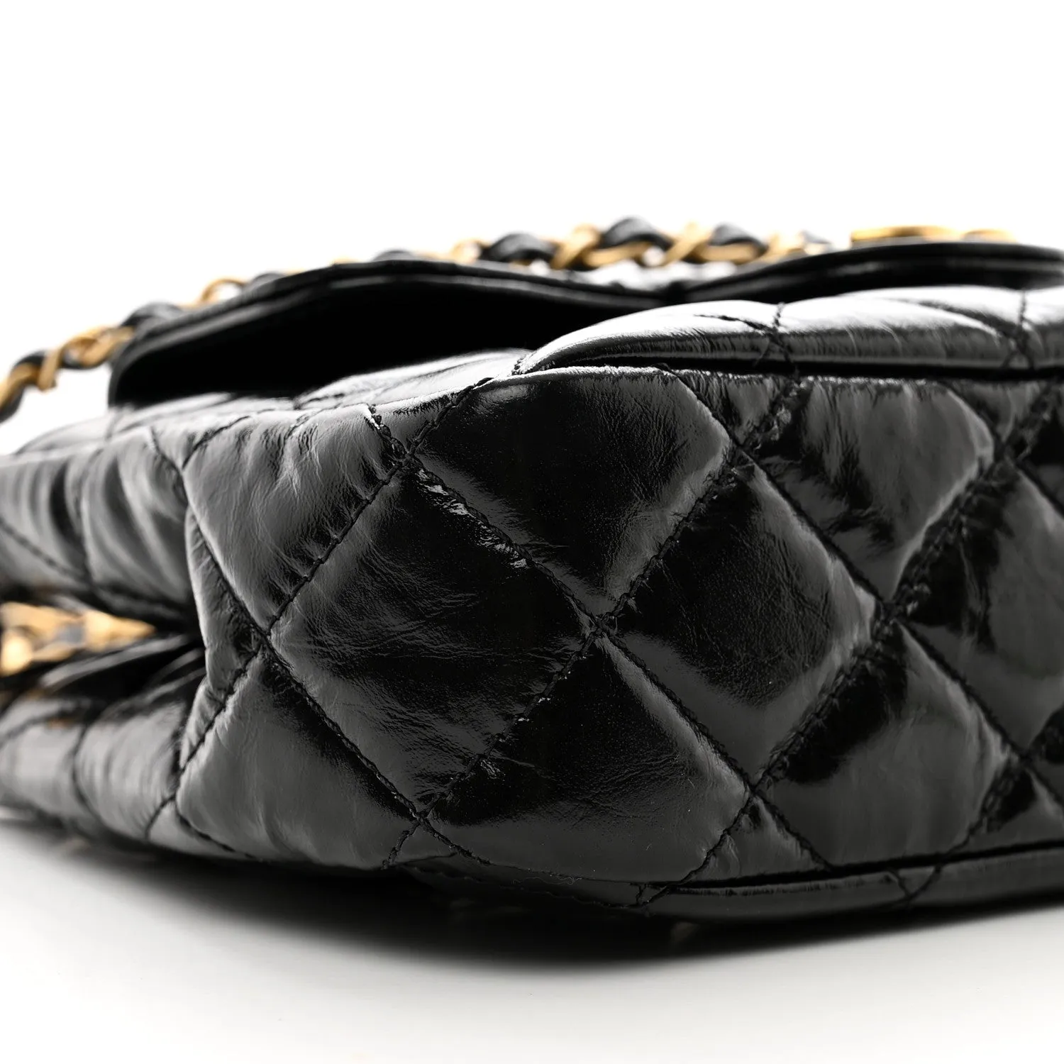 Shiny Crumpled Calfskin Quilted Small Wavy CC Hobo Black