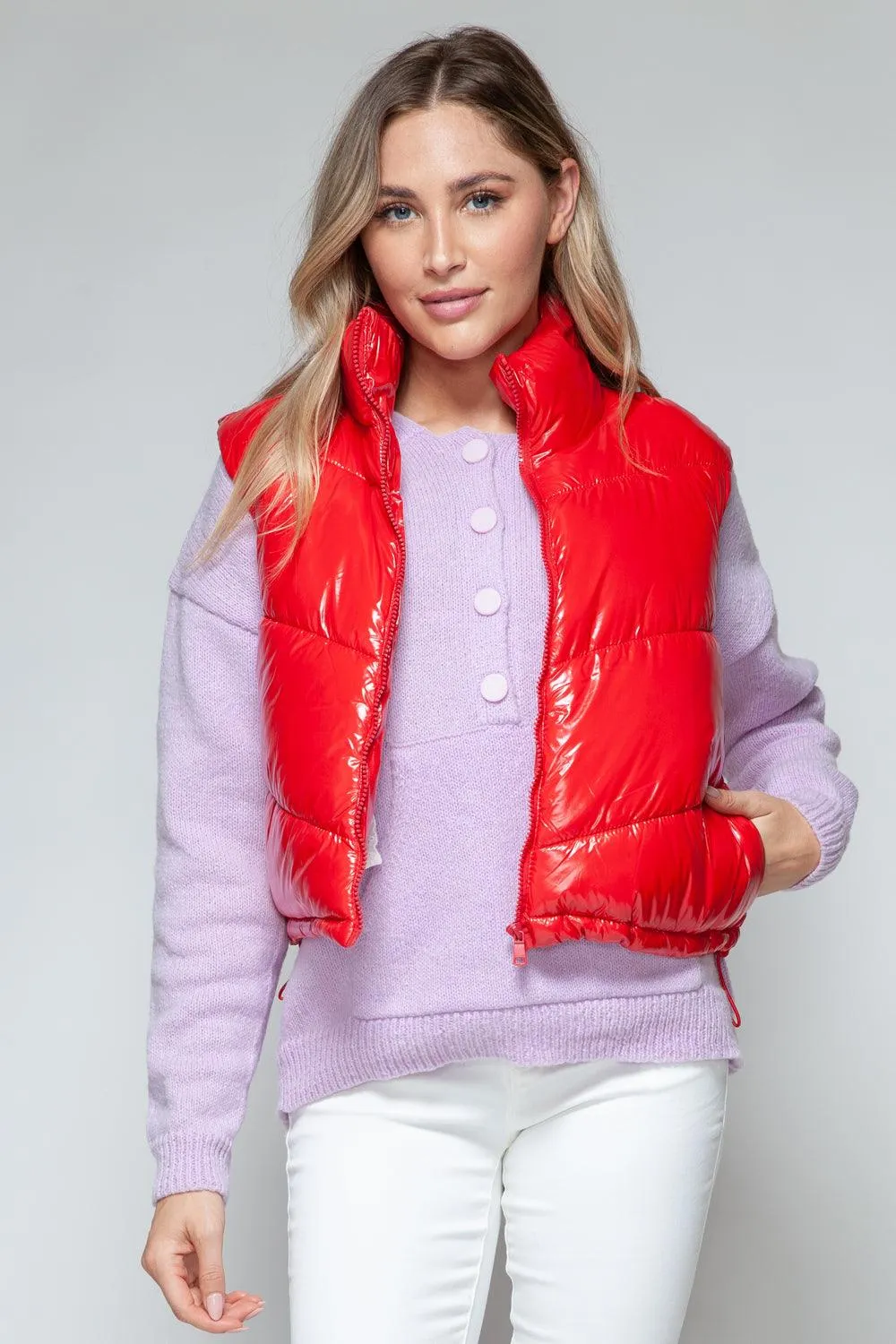 Shiny Quilted Red Vest Snobbish Zip Up Turtleneck Sleeveless