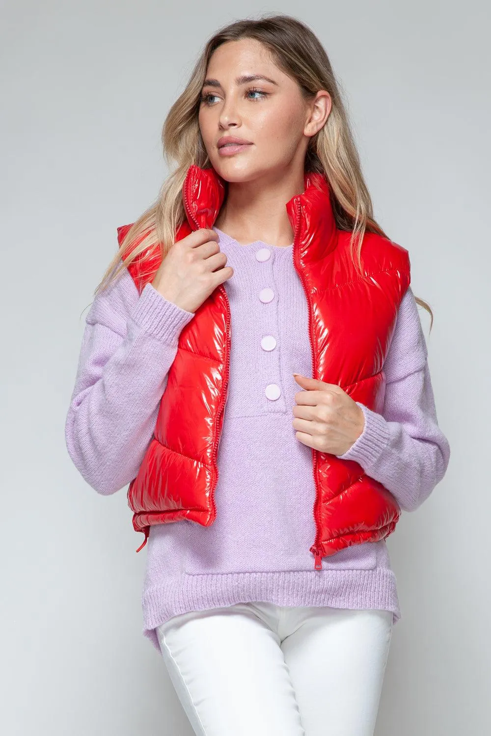 Shiny Quilted Red Vest Snobbish Zip Up Turtleneck Sleeveless