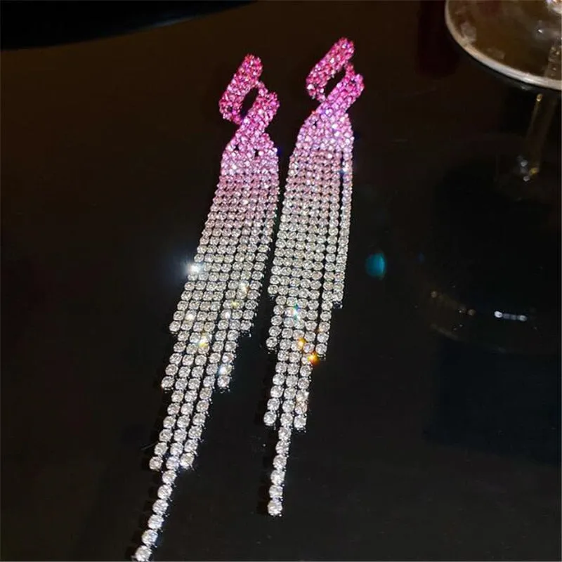 Shiny Rainbow Color Crystal Earrings for Women Long Tassel Rhinestone Dangle Earrings