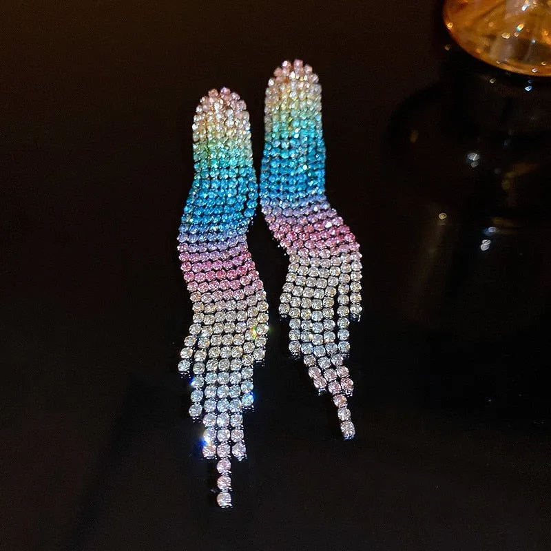 Shiny Rainbow Color Crystal Earrings for Women Long Tassel Rhinestone Dangle Earrings