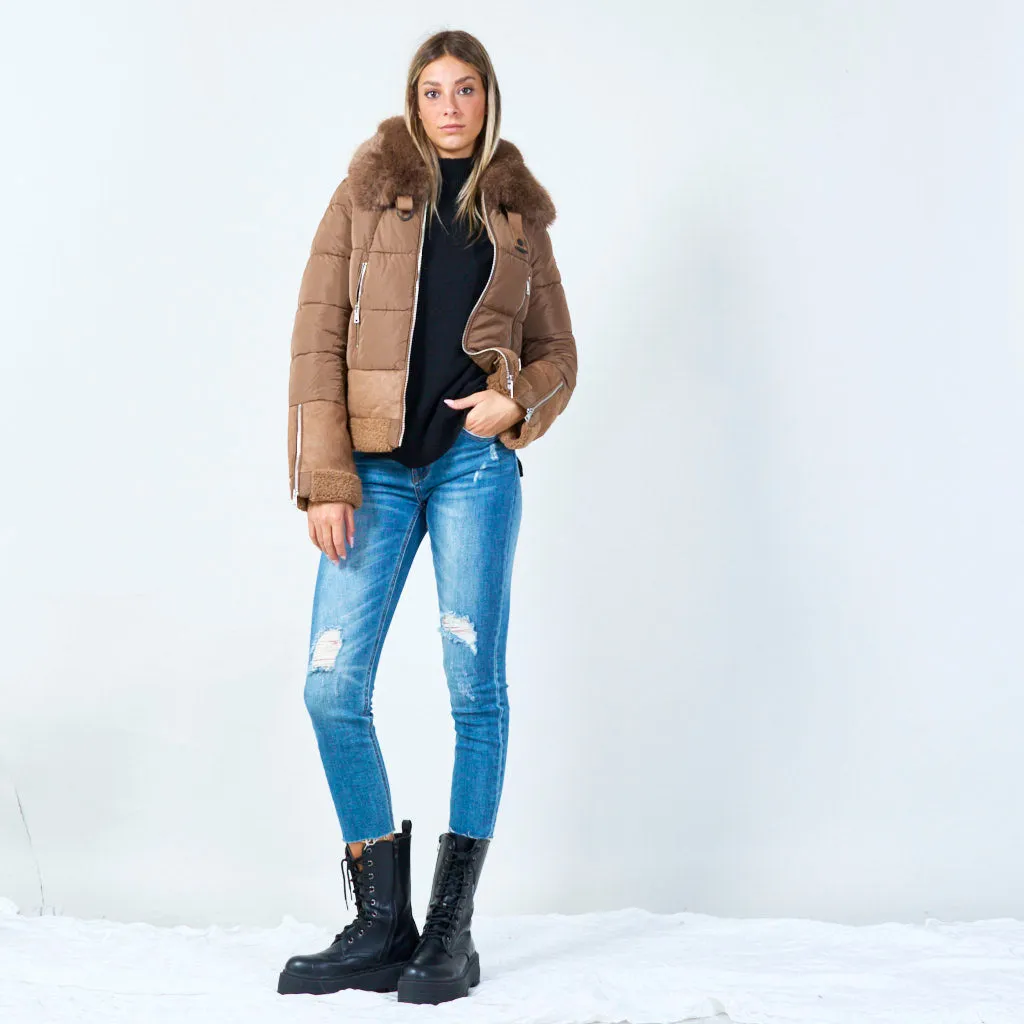 Short padded jacket with faux fur collar wholesale