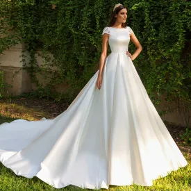 Short Sleeve Bridal Dress Beading Appliques Illusion Back France Satin Wedding Gown