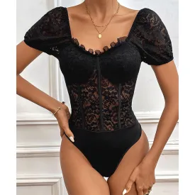 Short Sleeve Lace Sheer Bodysuit with Henley Necklin