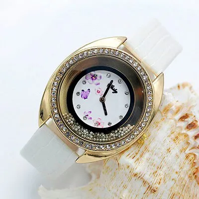 Shsby new top quality leather strap quartz watch rhinestone Rolling beads gold female watches Flower butterfly women dress watch