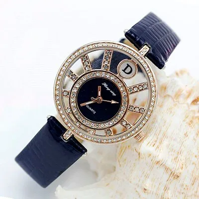 Shsby new top quality leather strap quartz watch rhinestone Rolling beads gold female watches Flower butterfly women dress watch