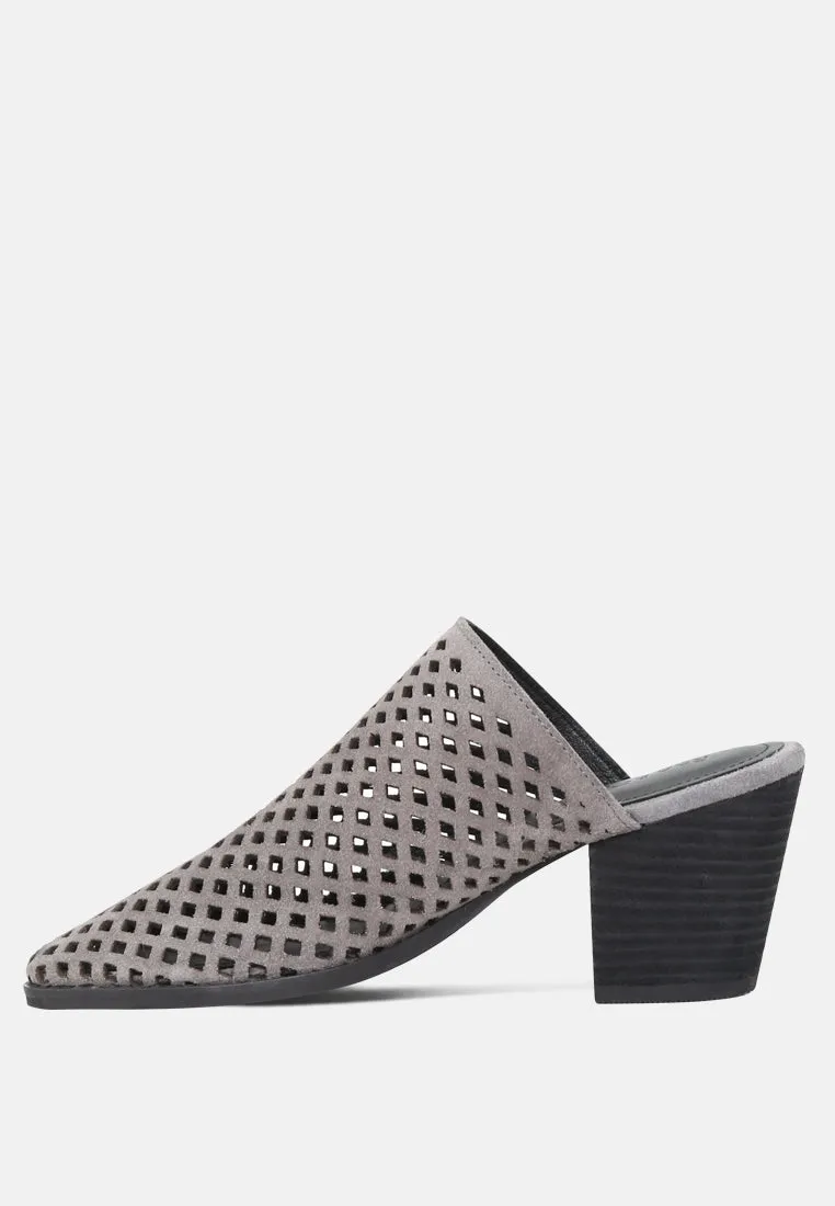 Sia Stacked Heel Laser-Cut Mules