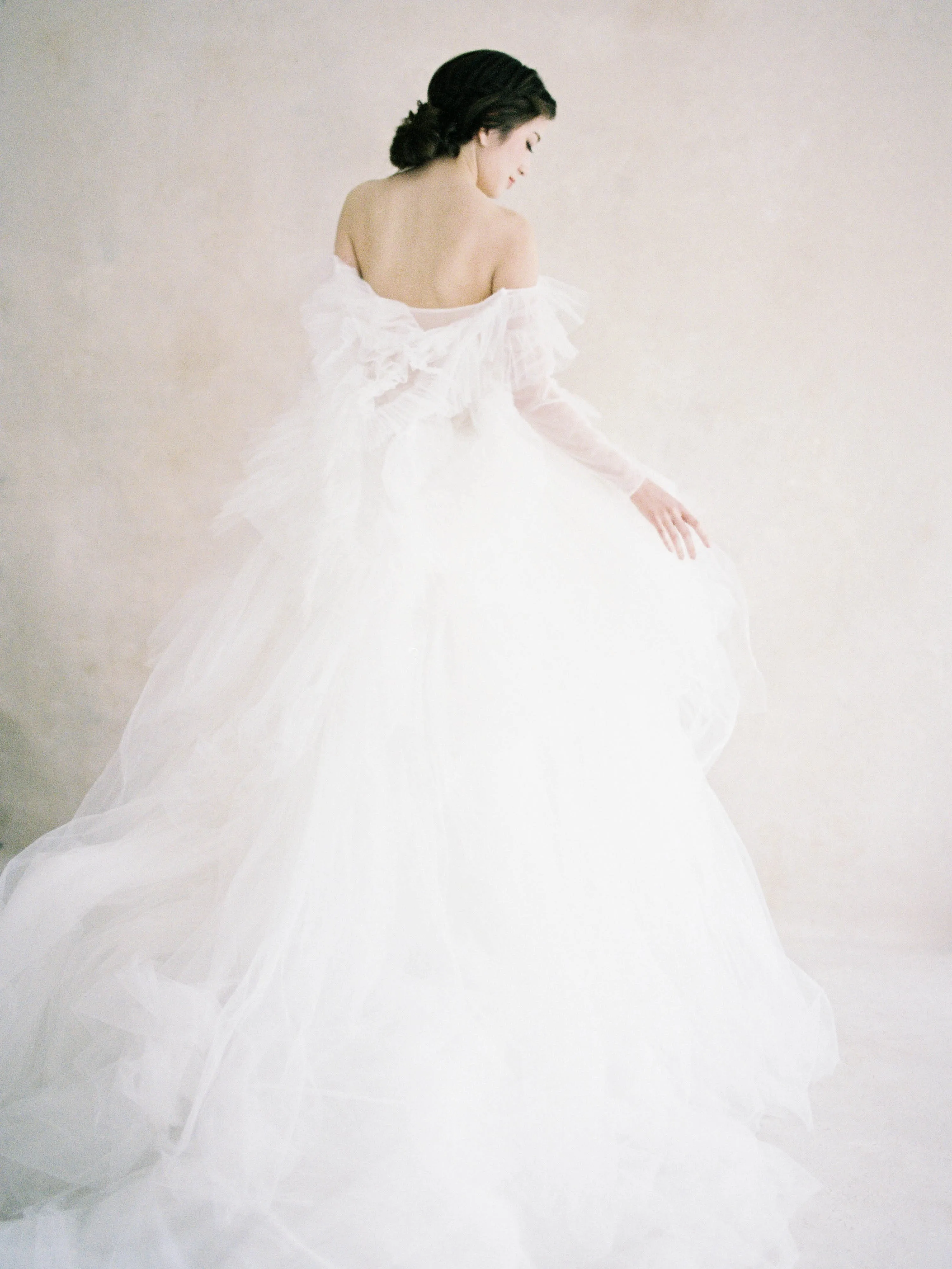 Silk Tulle - Long Sleeve Strapless Ball Gown Wedding Dress, Offwhite