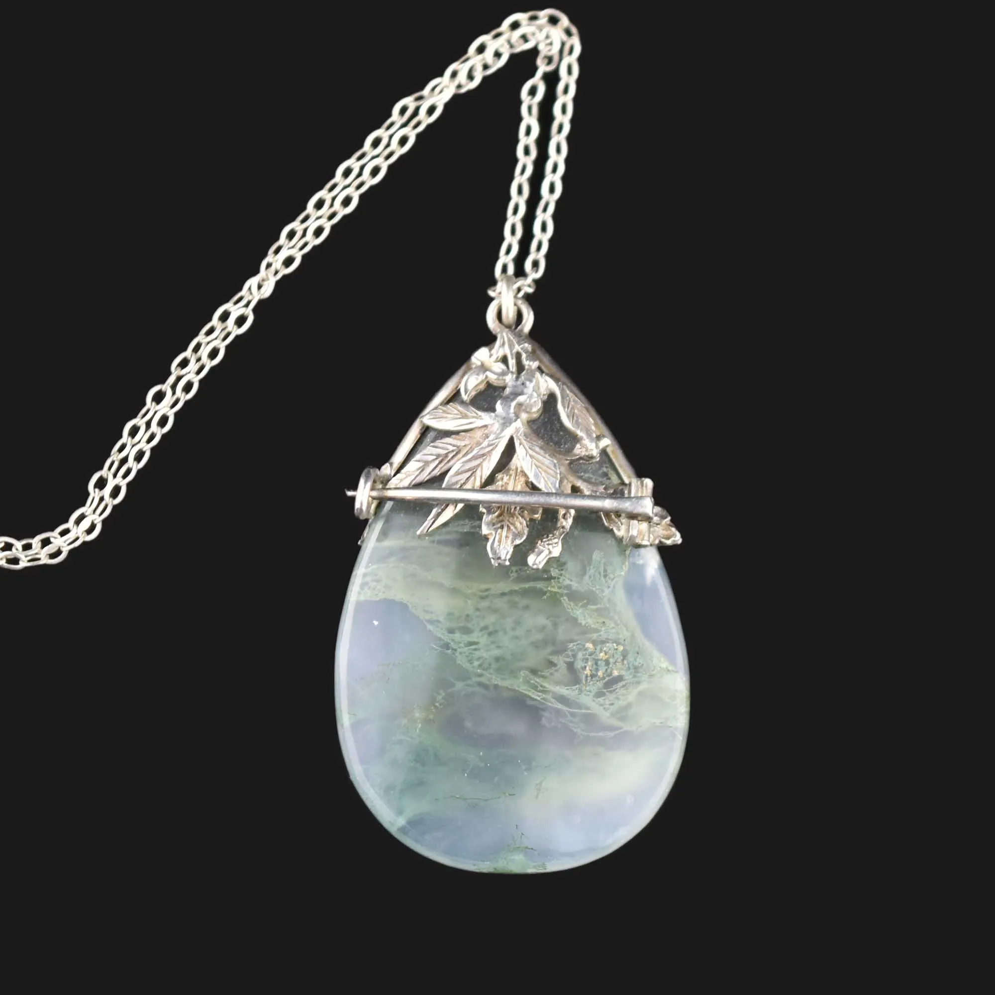 Silver Art Deco Moss Agate Brooch Pendant Necklace