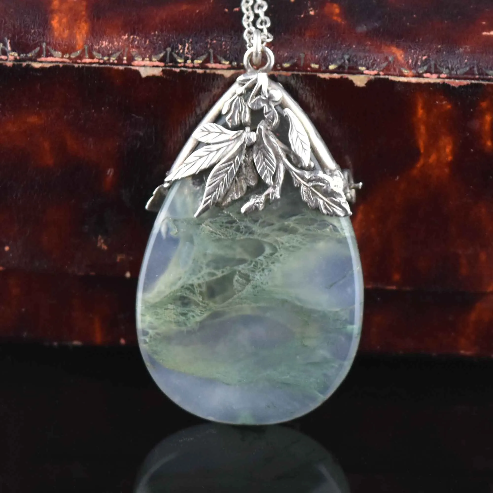 Silver Art Deco Moss Agate Brooch Pendant Necklace