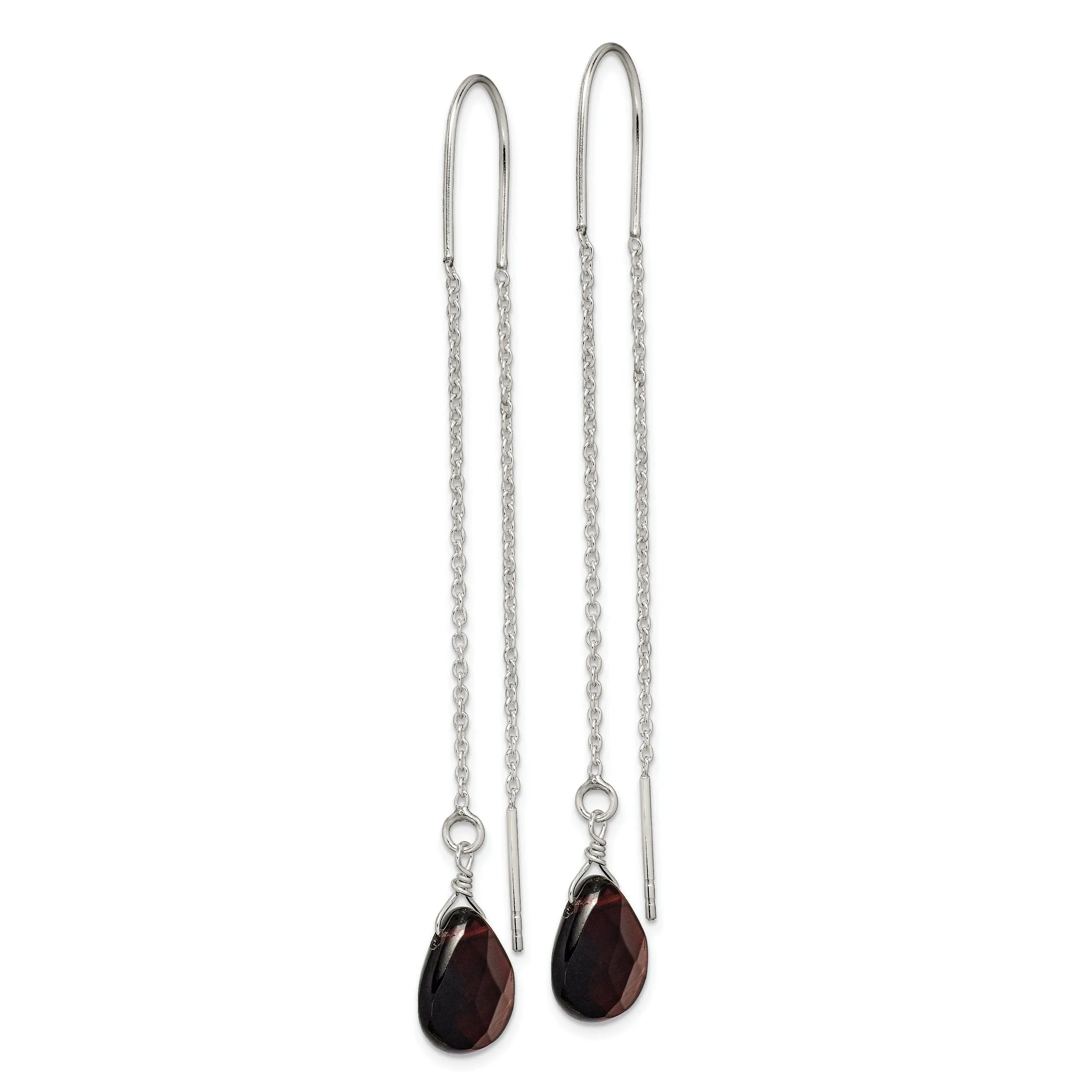 Silver Black Quartz Dangle Threader Earrings