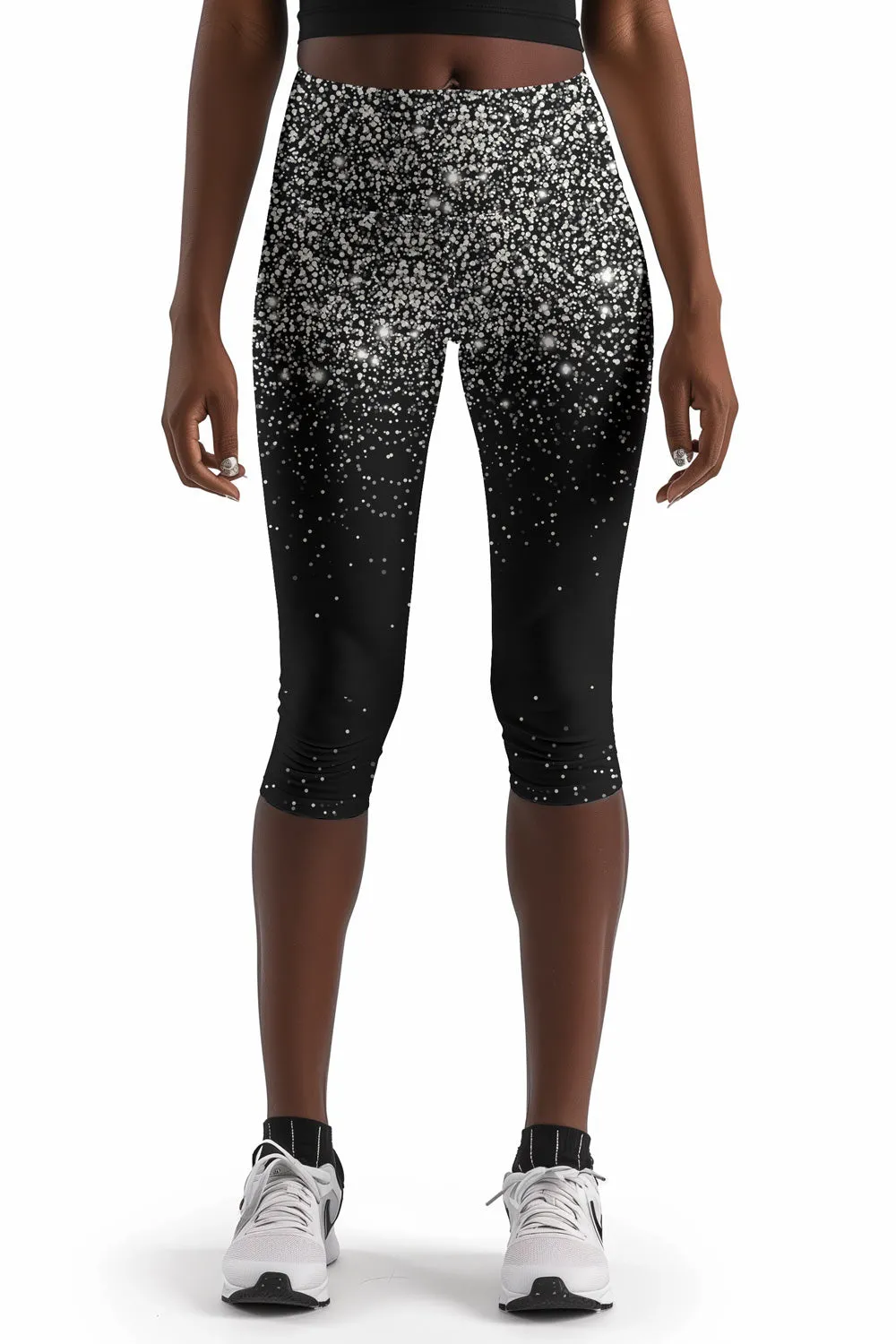 Silver Chichi Ellie Black Glitter Printed Yoga Capri Leggings - Women