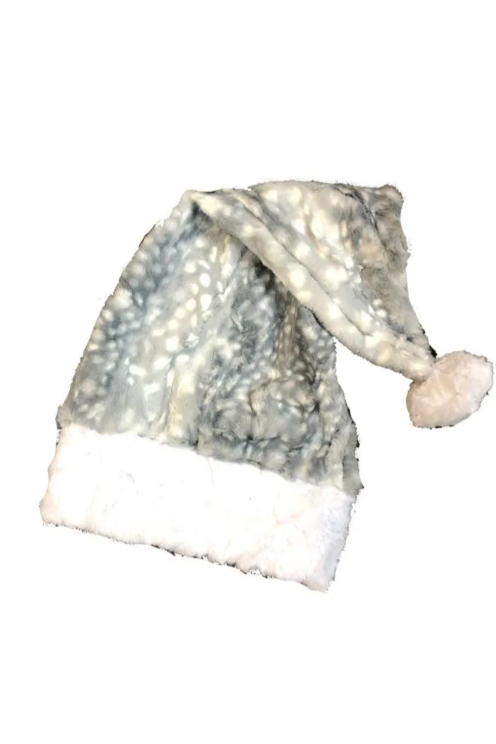 Silver Fawn Minky Faux Fur Santa Hat with White Trim