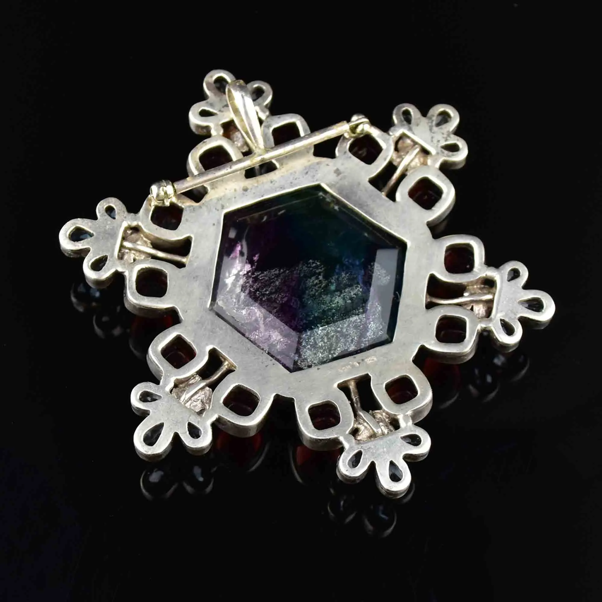 Silver Fluorite Garnet Topaz Snowflake Brooch Pendant Necklace