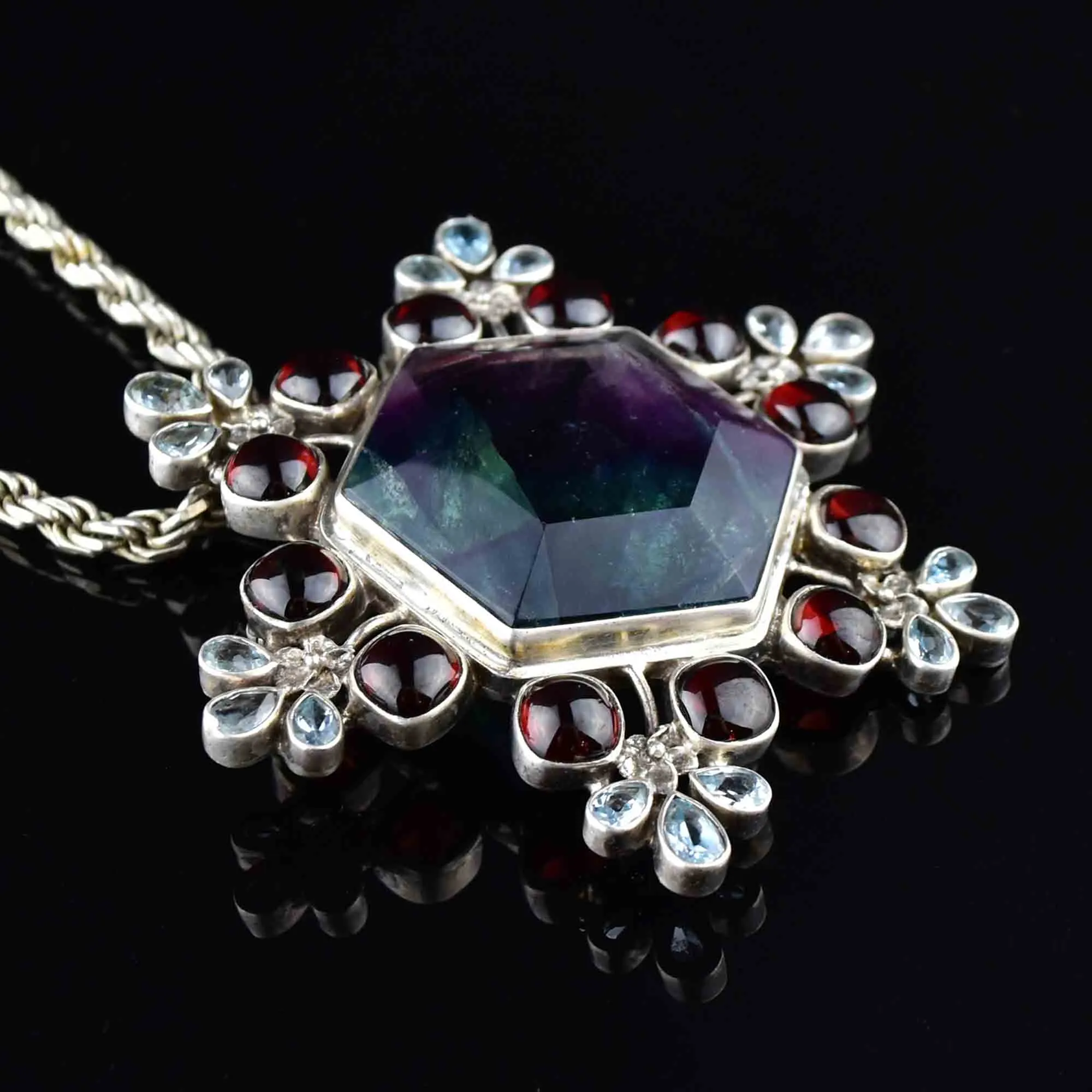 Silver Fluorite Garnet Topaz Snowflake Brooch Pendant Necklace