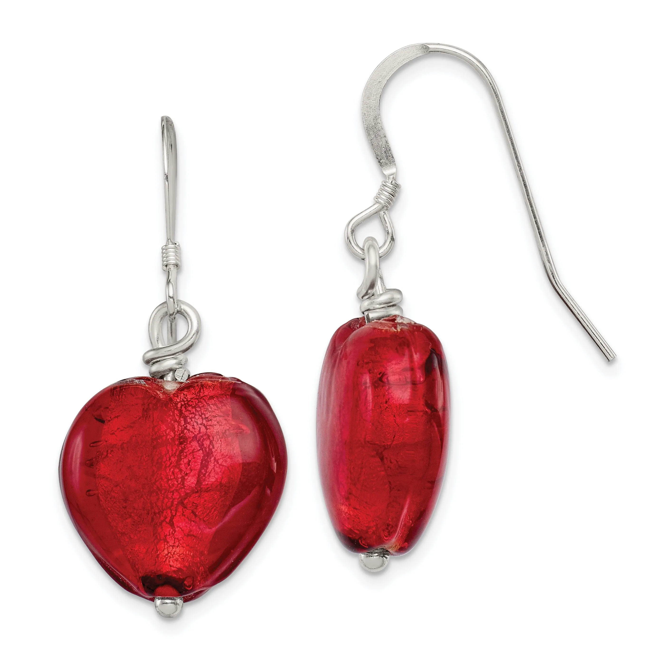 Silver Red Murano Glass Dangle Heart Earrings