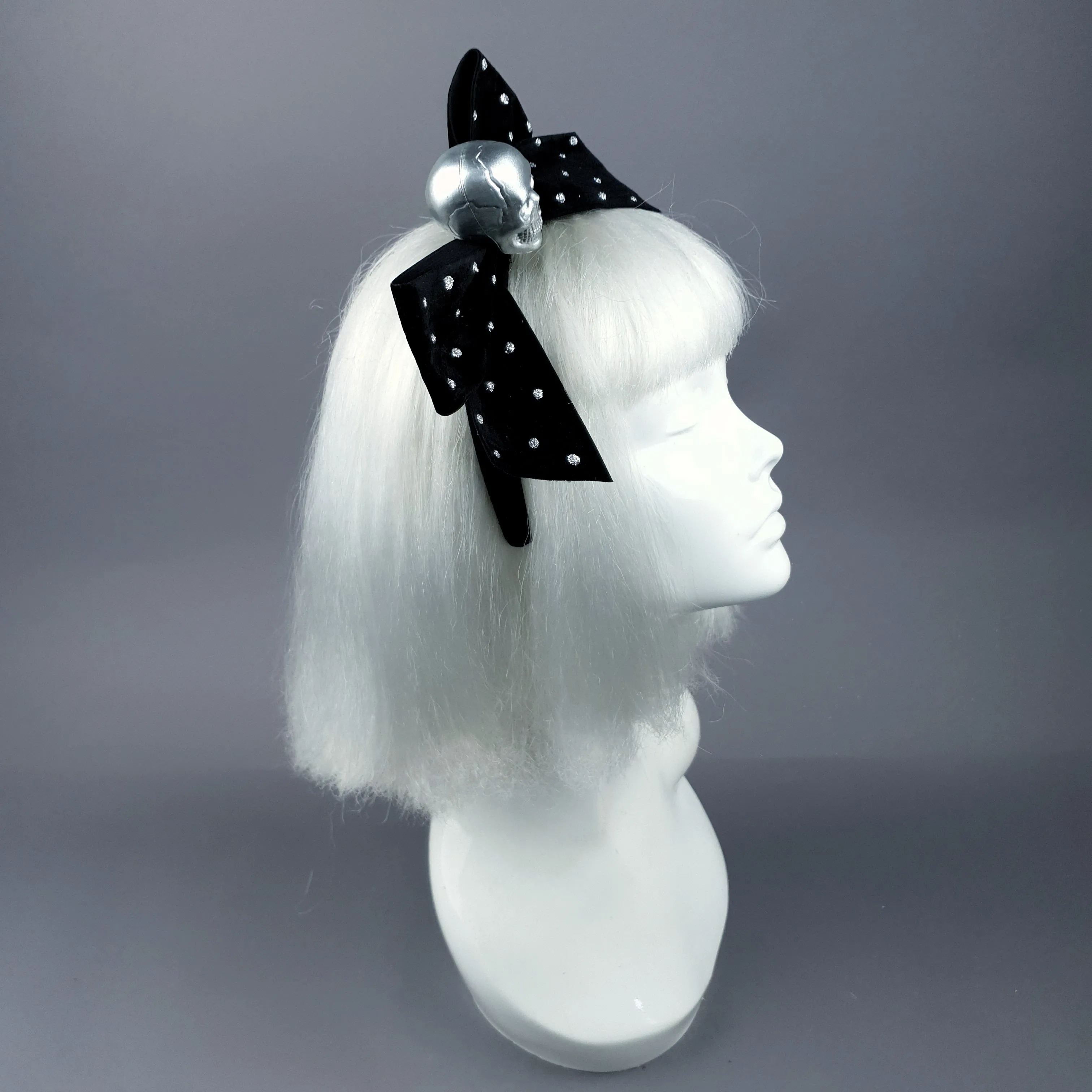 Silver Skull & Velvet Bow Headpiece