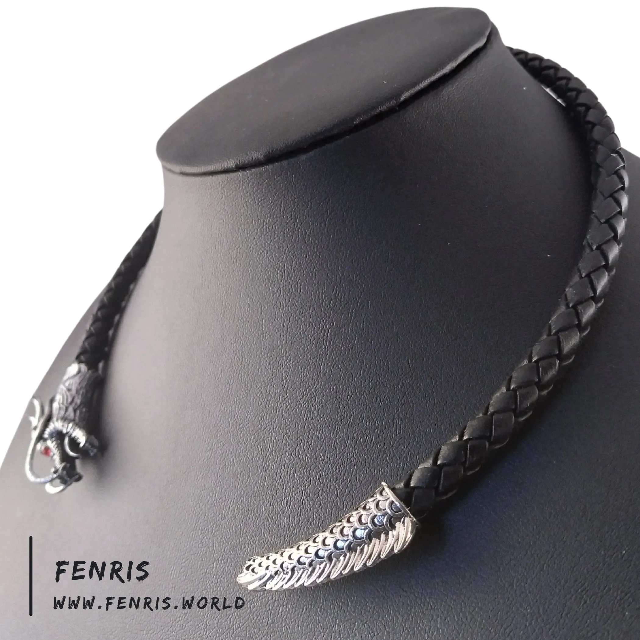 Silver Torc Dragon Black Leather Tail Chaser | Fenris