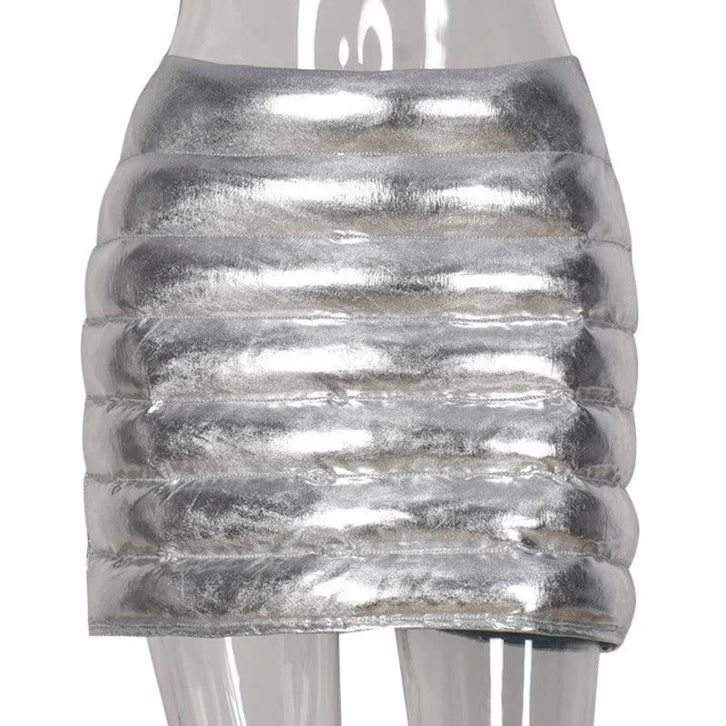 Silver Women's Puffer Skirt Metallic Shiny Solid Warm Quilted Mini