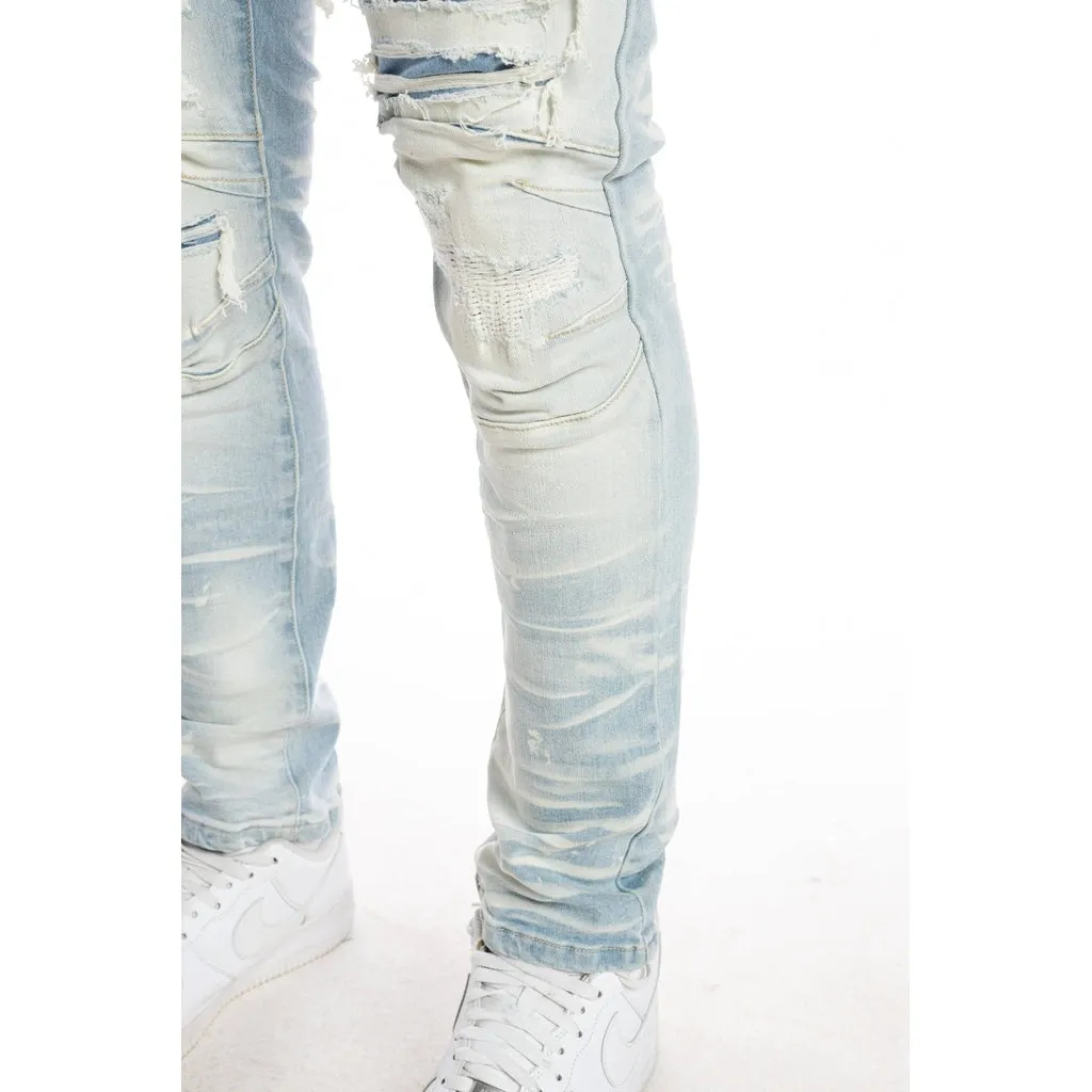 Sim Tapered Heavy Rip And Repaired Jeans - Speckle Blue