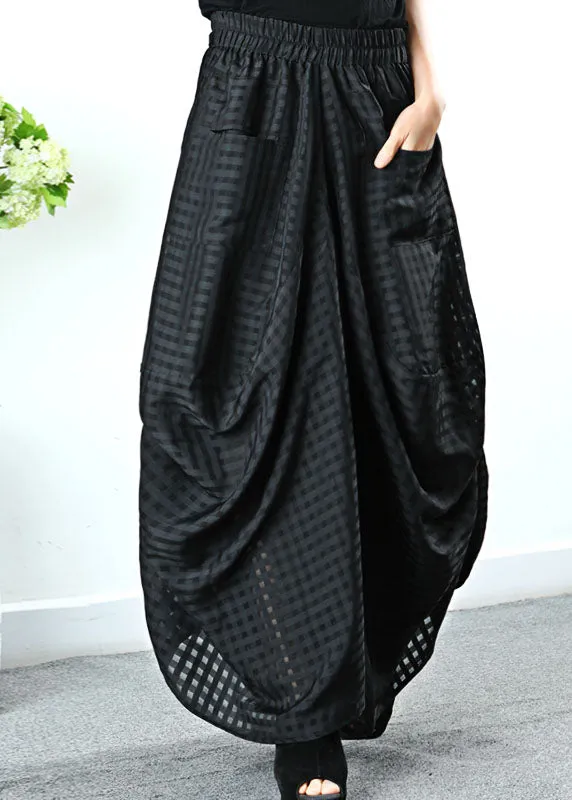 Simple Black Pockets Plaid wide leg Pants Spring