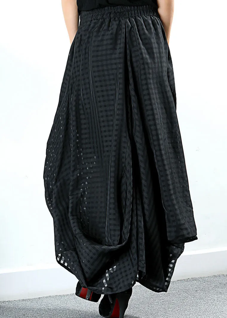 Simple Black Pockets Plaid wide leg Pants Spring