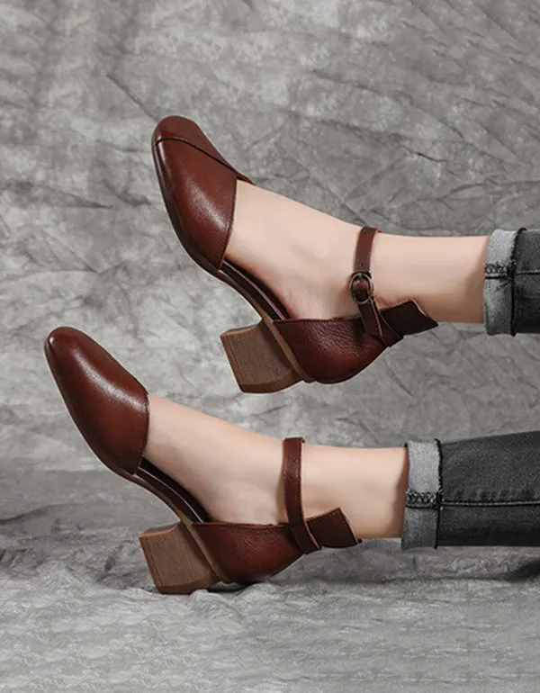 Simple Leather Buckle Middle Heel Chunky Pumps