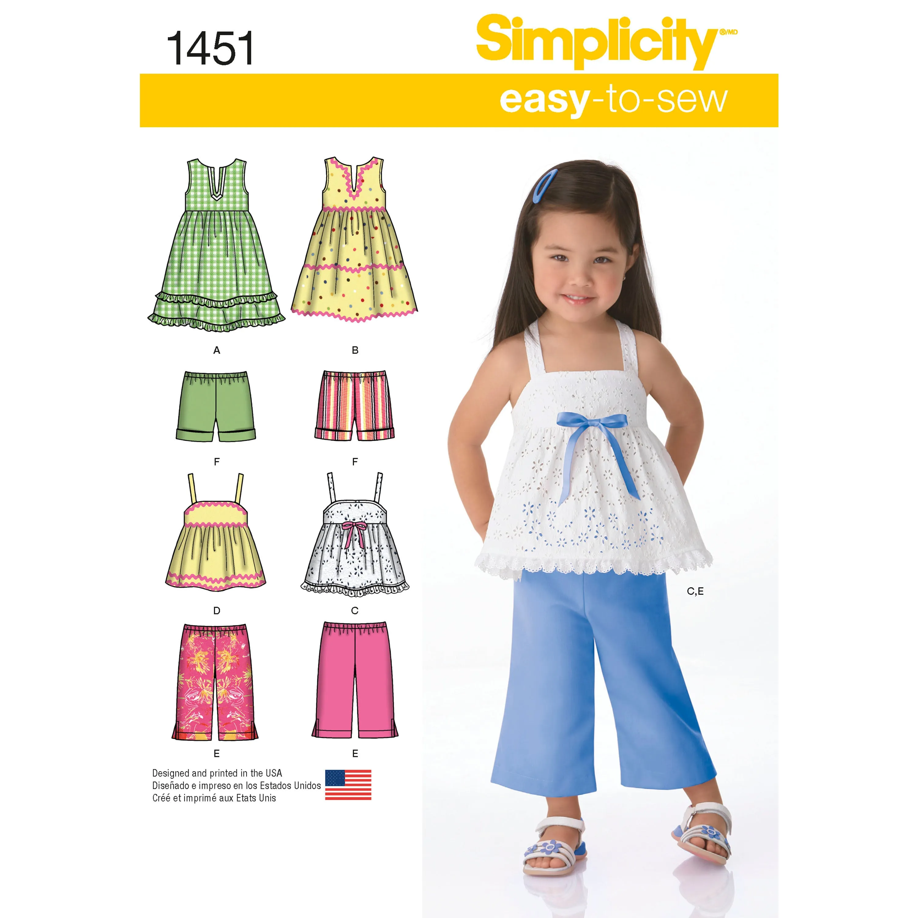 Simplicity Pattern S1451 Toddlers' Dresses, Top, Cropped Pants & Shorts