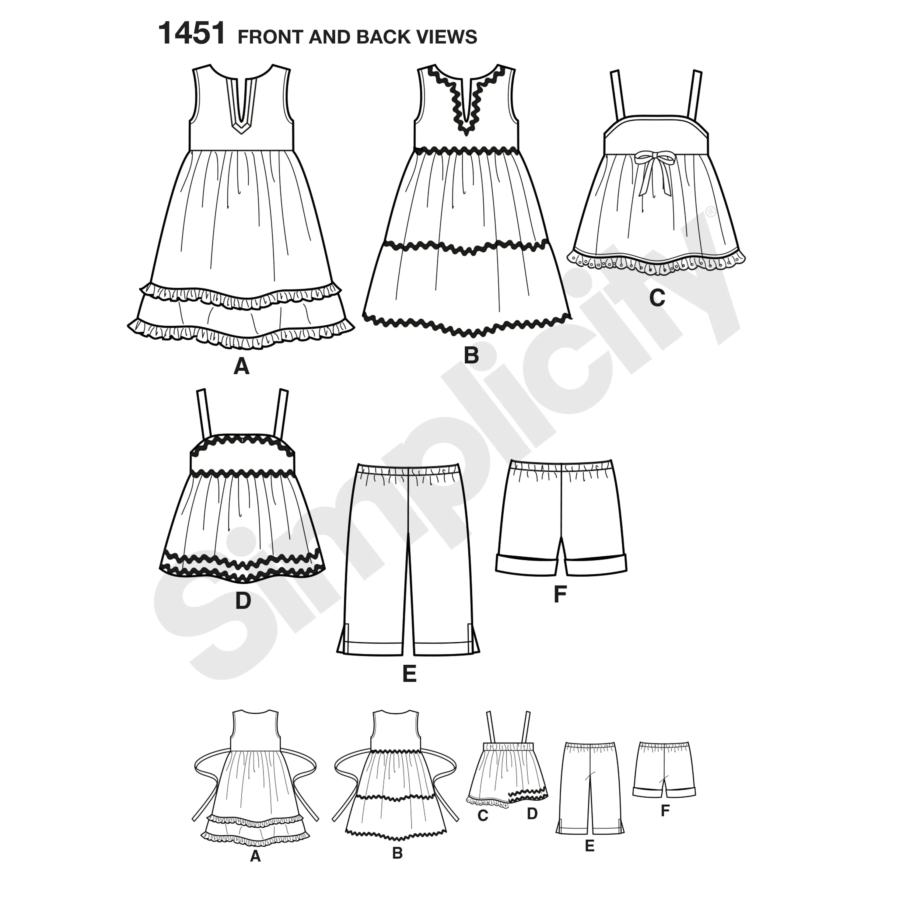 Simplicity Pattern S1451 Toddlers' Dresses, Top, Cropped Pants & Shorts