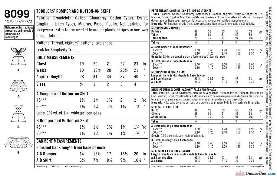 Simplicity Pattern S8099 Toddlers' Romper & Button-on skirt