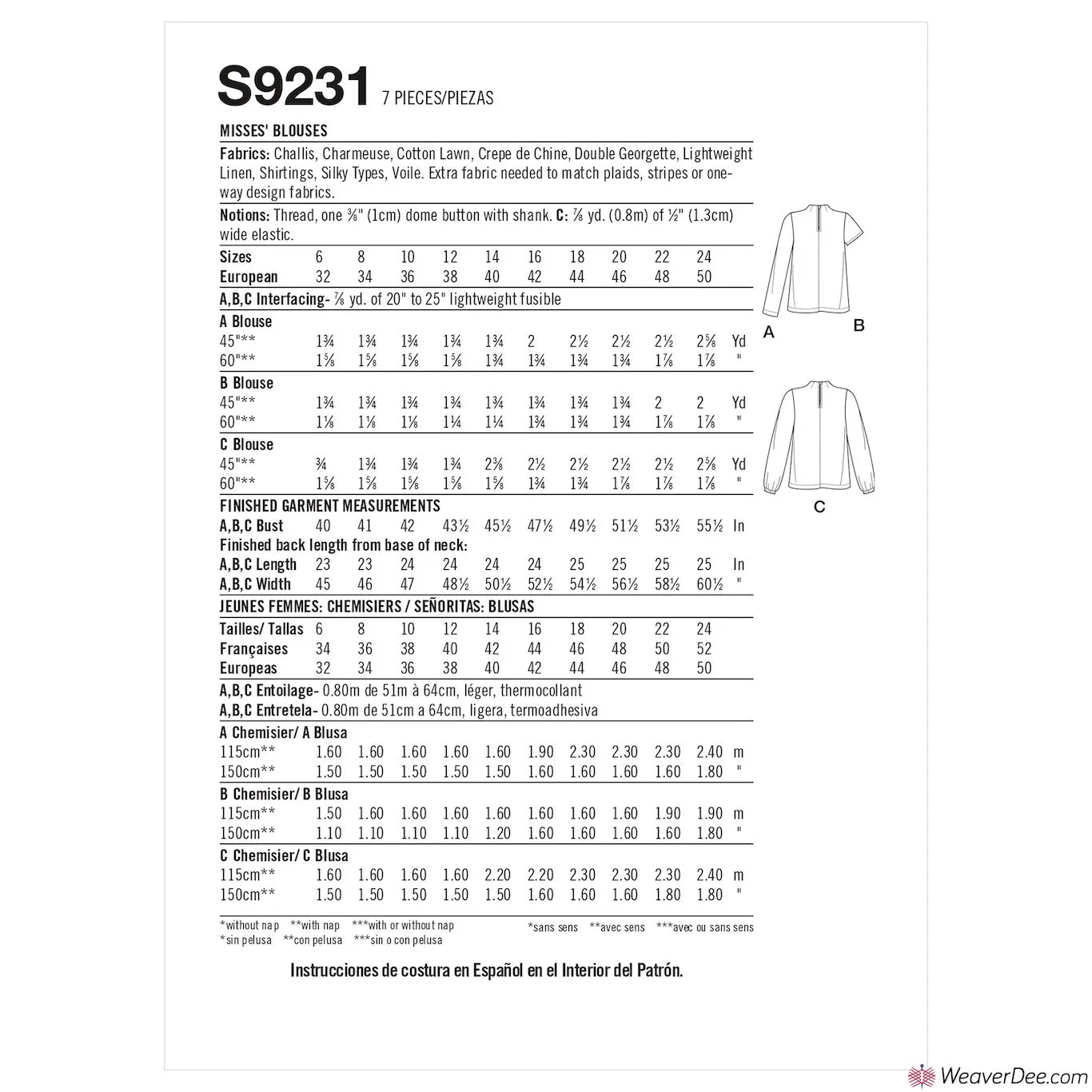 Simplicity Pattern S9231 Misses' Blouses