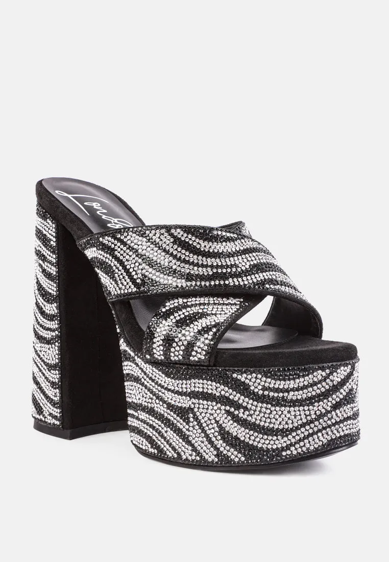 Sinful High Platform Patterned Diamante Slides