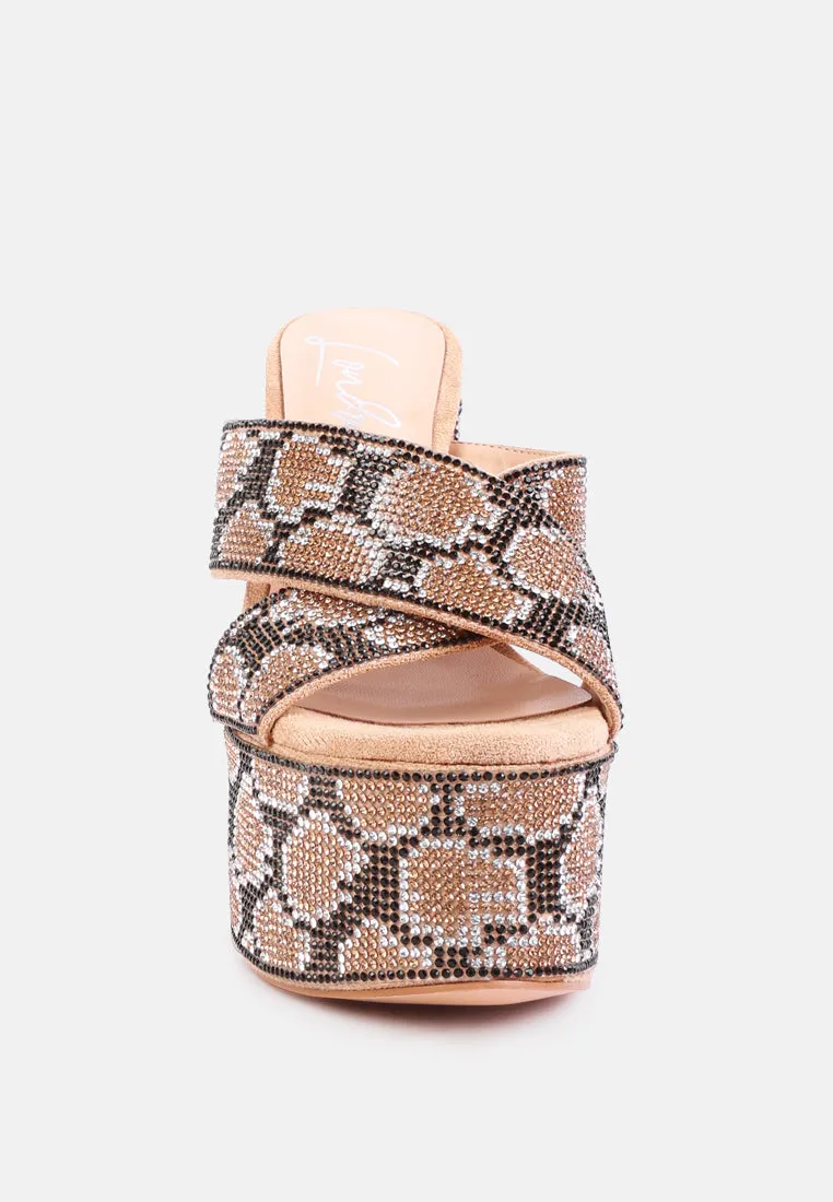 Sinful High Platform Patterned Diamante Slides