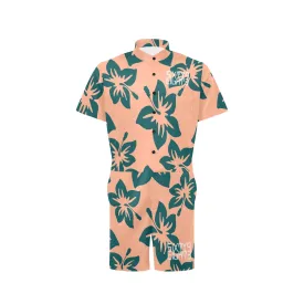 Sixty Eight 93 Logo White Hibiscus Dark Teal Peach Men's Short Sleeve Jumpsuit