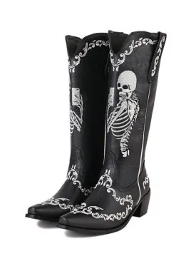 Skeleton Embroidery Pointed Chunky Heels Boots