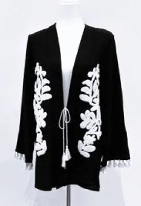 Sleek Slim Embroidered Fringe Kimono (Black)