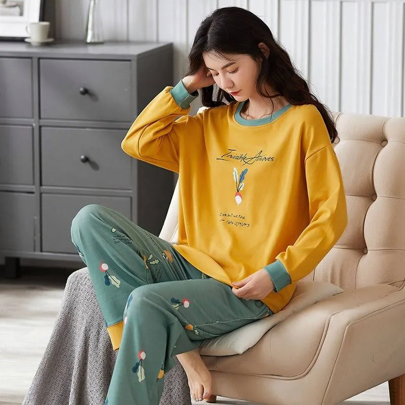 Sleep Wear 100% Soft Cotton Pajama Set Lounge wear M L XL 2XL 3XL Long Sleeves