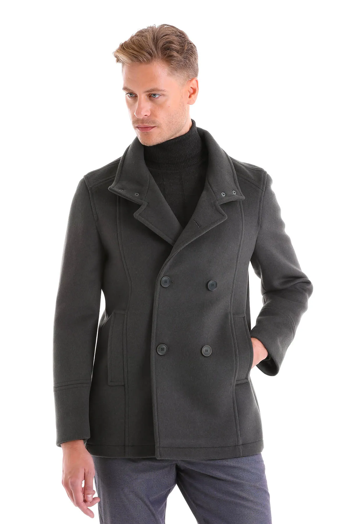 Slim Fit Double Breasted Light Gray Wool Blend Coat